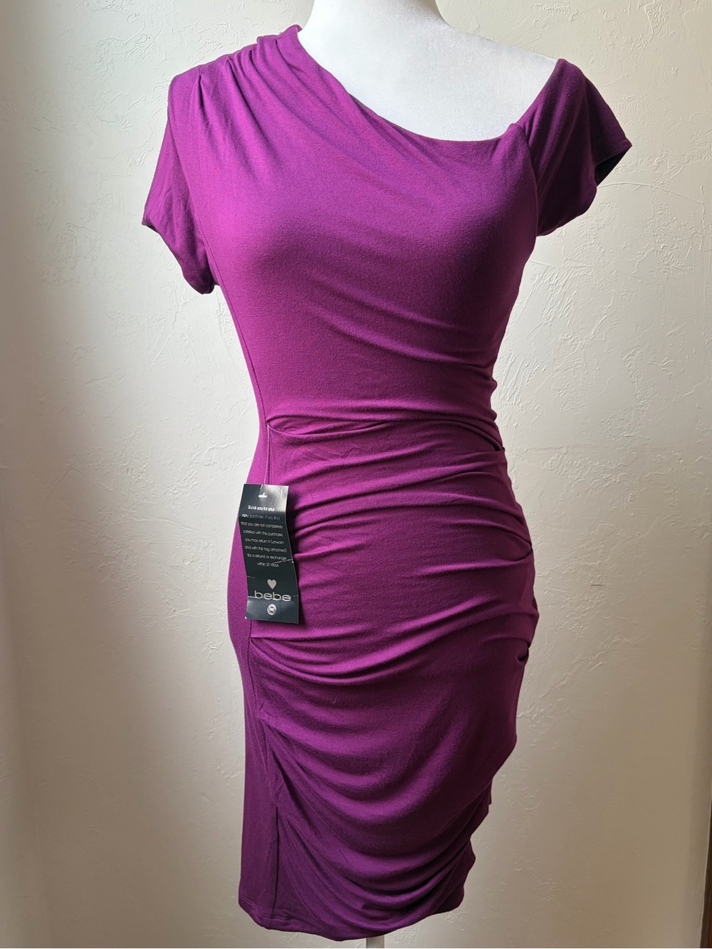 Bebe Plum Purple Asymmetrical Ruched Pintucked Bodycon Dress S NWT